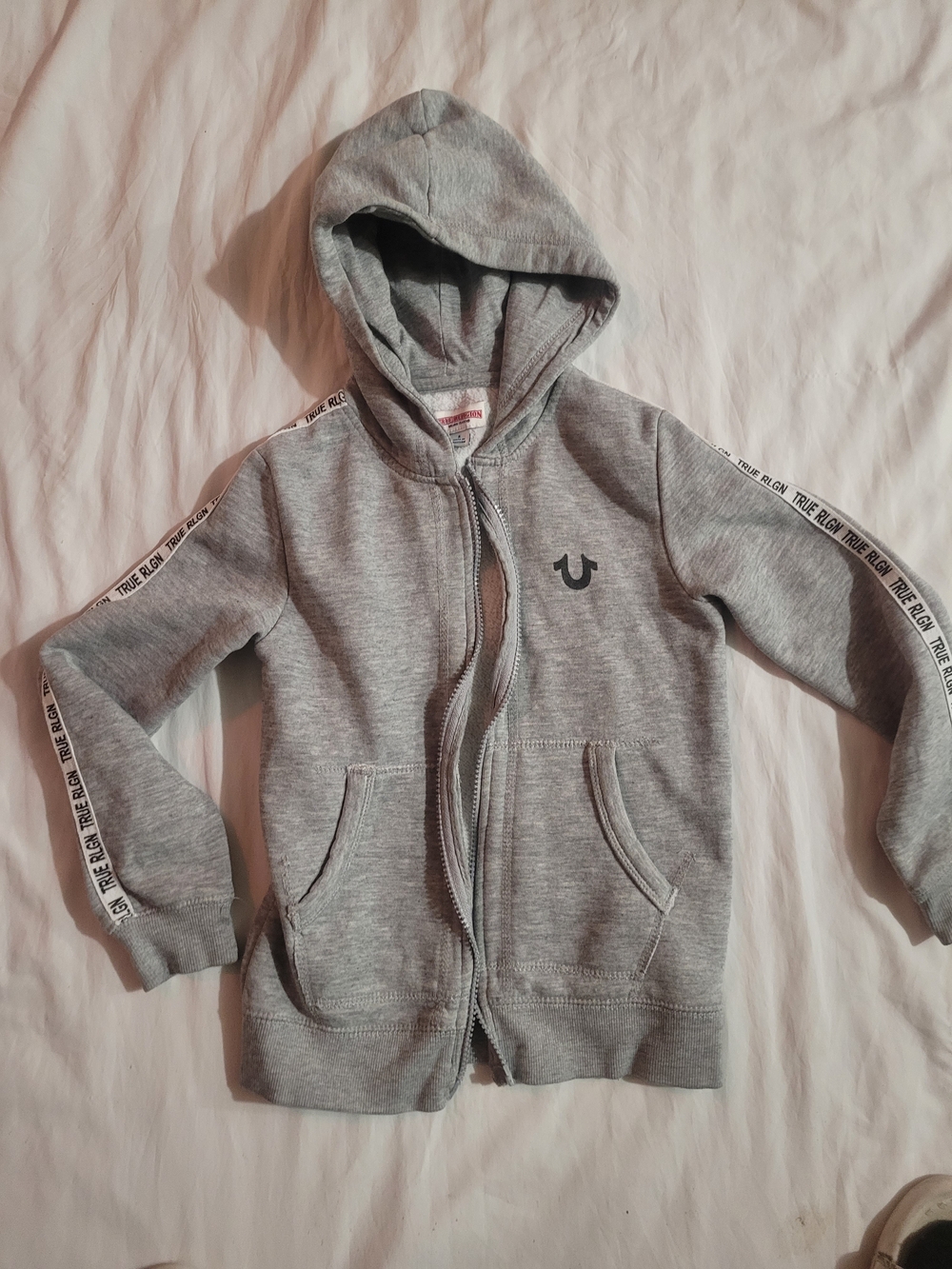 True Religion Kids Light Gray Zip Hoodie with Logo Tape